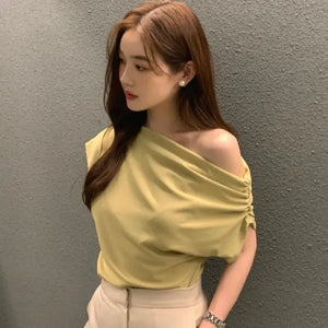Women’s Diagonal Collar Crop Top — Off-Shoulder Short Sleeve Korean Style Pleated T-Shirt for Casual & Office Wear