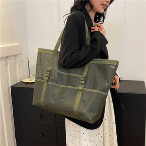 Portable Mesh Beach Shoulder Bag– Women's Summer Travel & Makeup Organizer Bag