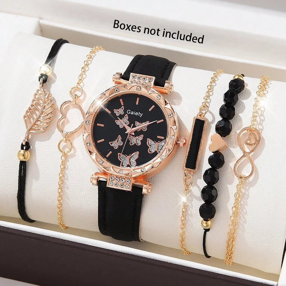 6-Piece Women's Luxury Watch and Bracelet Set – Leather Band Analog Quartz Watch with Fashion Accessories