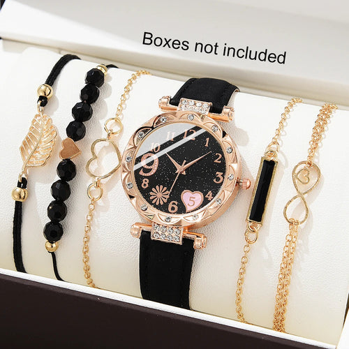6-Piece Women's Luxury Watch and Bracelet Set – Leather Band Analog Quartz Watch with Fashion Accessories