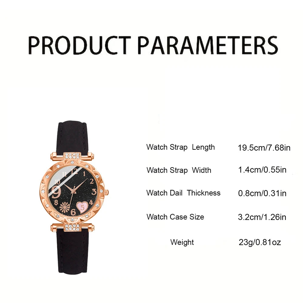 6-Piece Women's Luxury Watch and Bracelet Set – Leather Band Analog Quartz Watch with Fashion Accessories